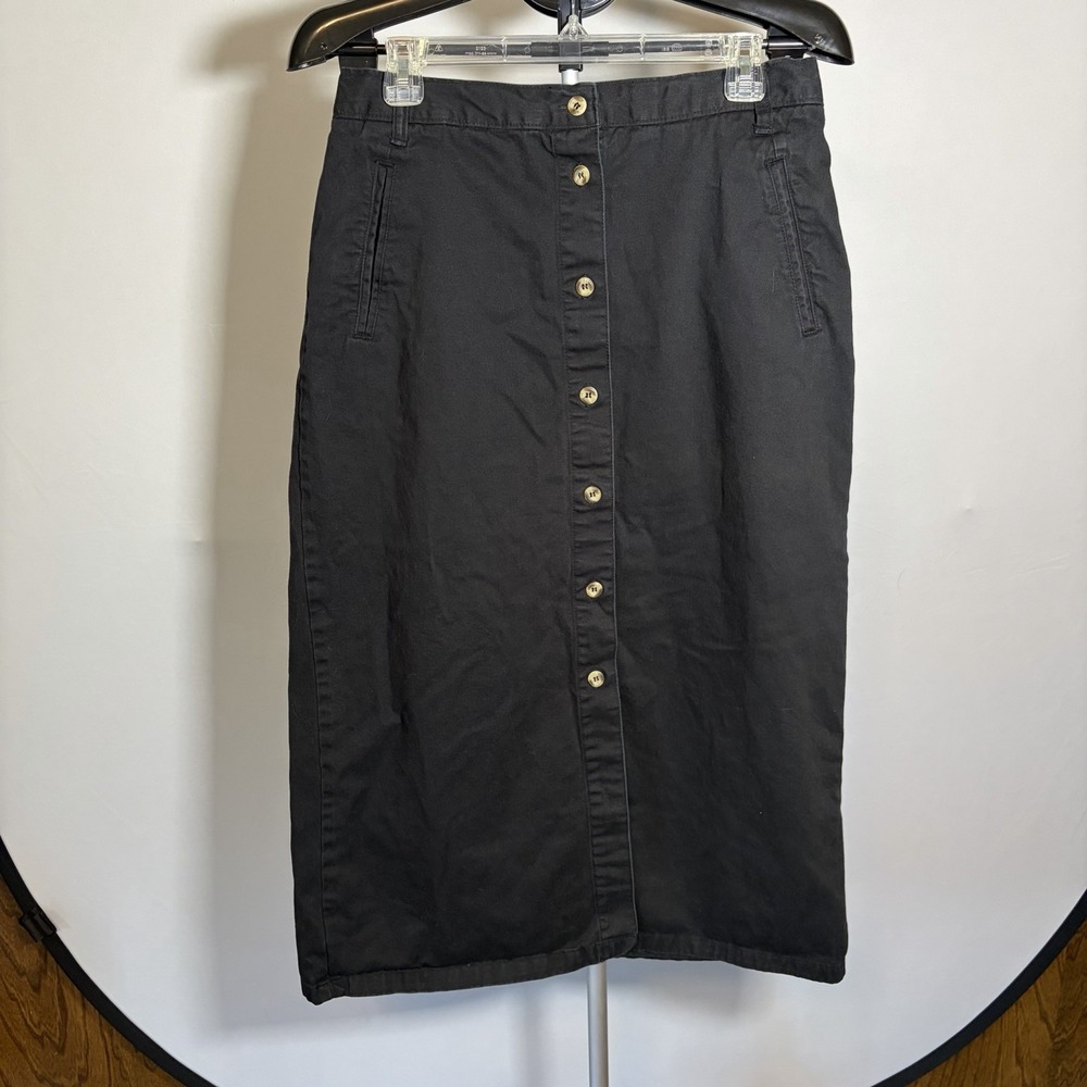 VTG Womens Sz 14 Button Front Black Skirt Pockets Cotton Cottage 90s Grunge Emo
